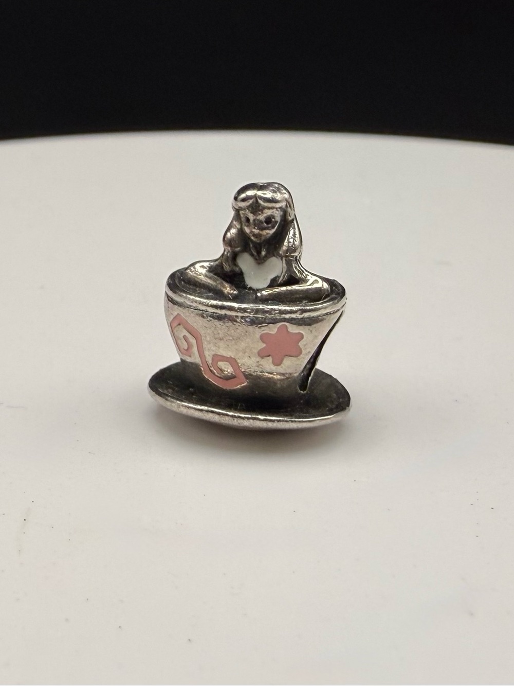 Pandora Disney Parks Silver Teacup Charm with Pink Enamel Accents